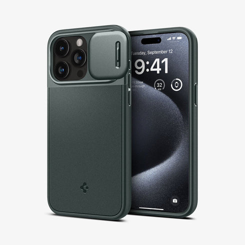 ACS06599 - iPhone 15 Pro Max Case Optik Armor (MagFit) in black showing the back with lens slot open